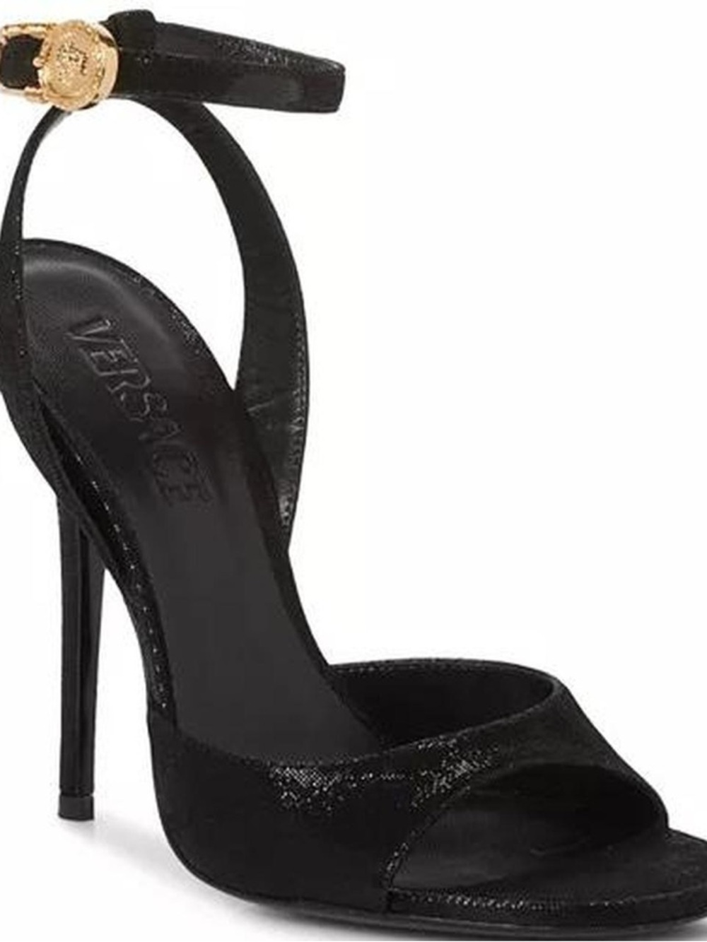Versace Safety Pin Black Calf Leather Stiletto Sandals - Gold Medusa Size 9